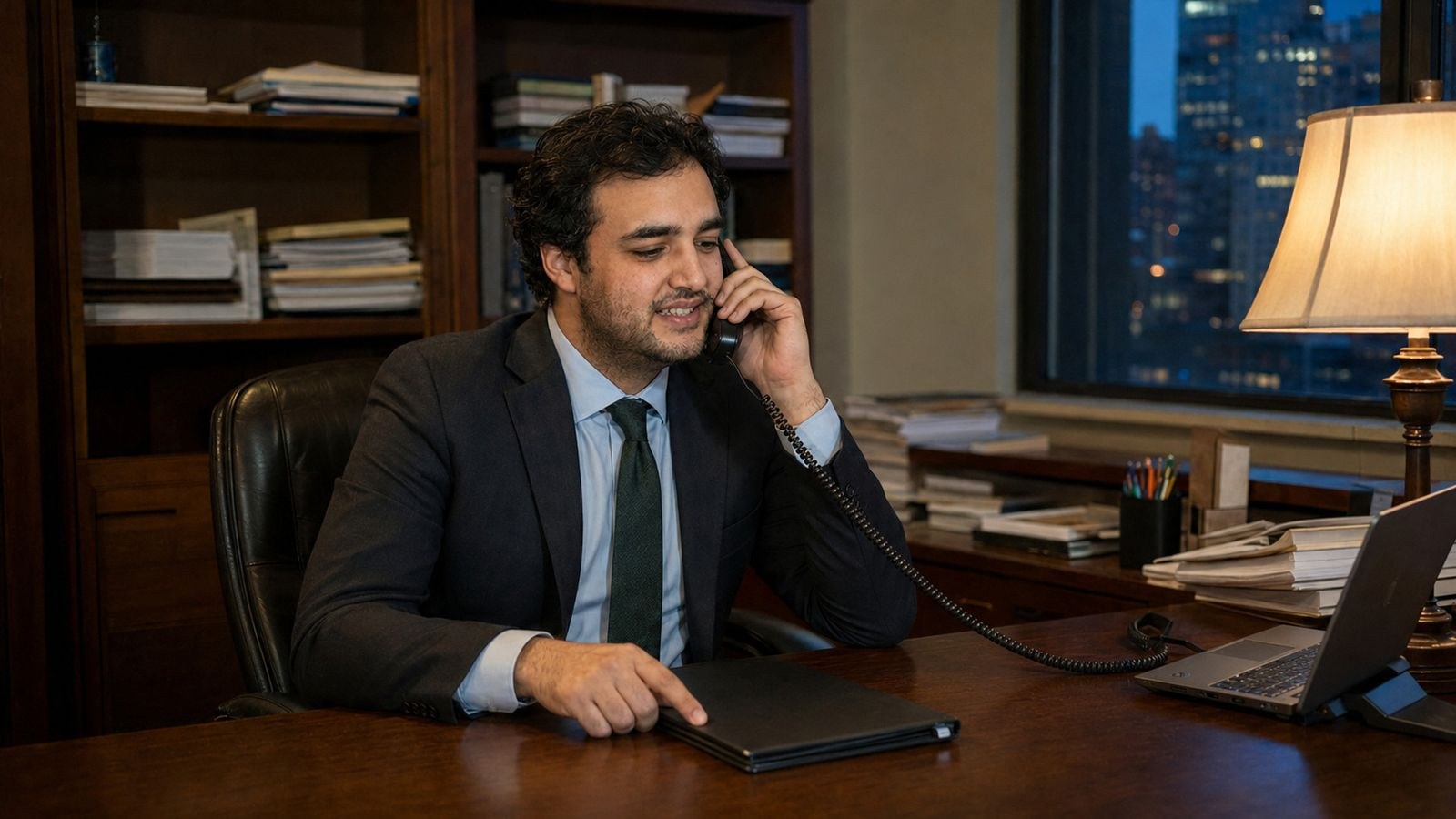 Alexander Susi on the telephone at his desk in the evening