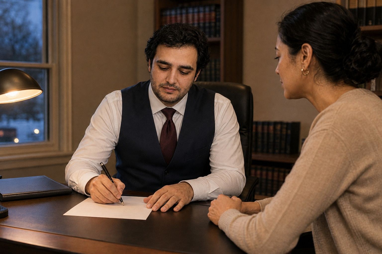 Alexander Susi writing at his desk while a client looks on