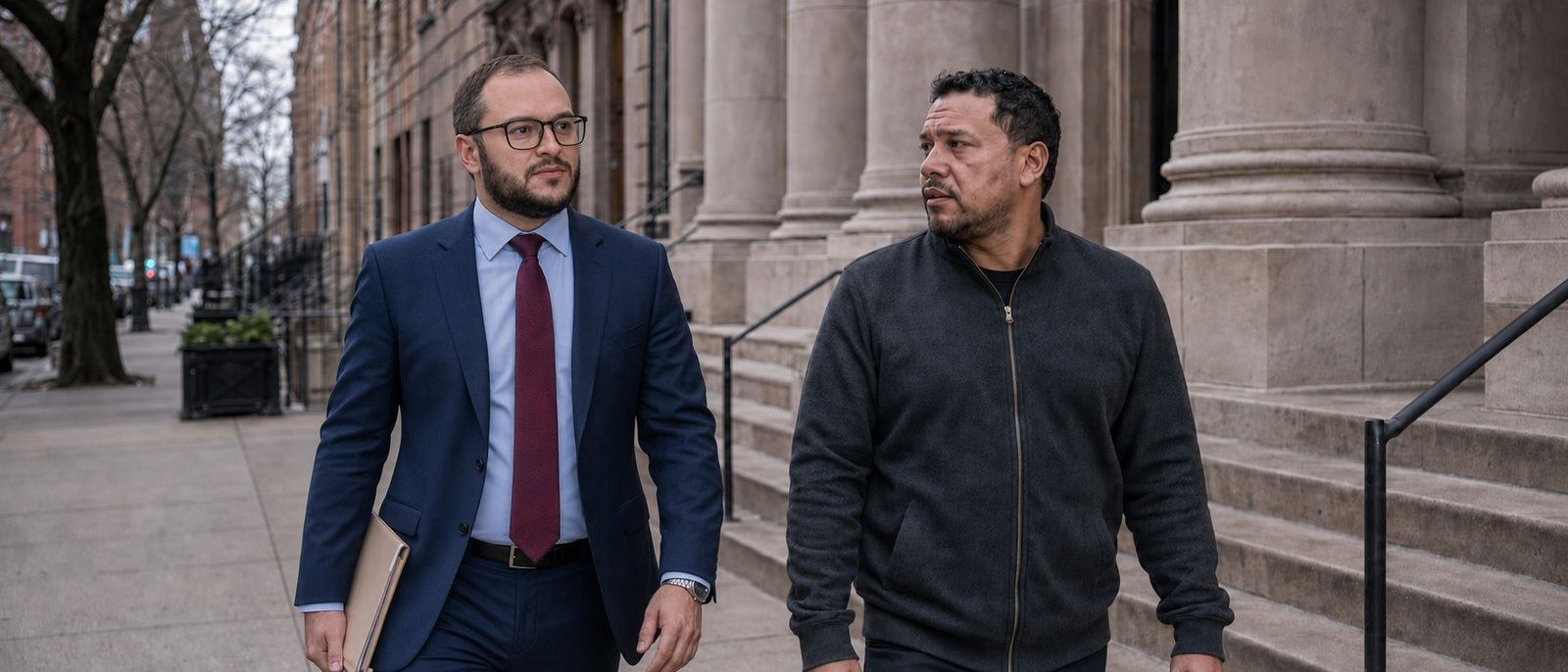 Mikhail Usher walking with a client past a Brooklyn courthouse
