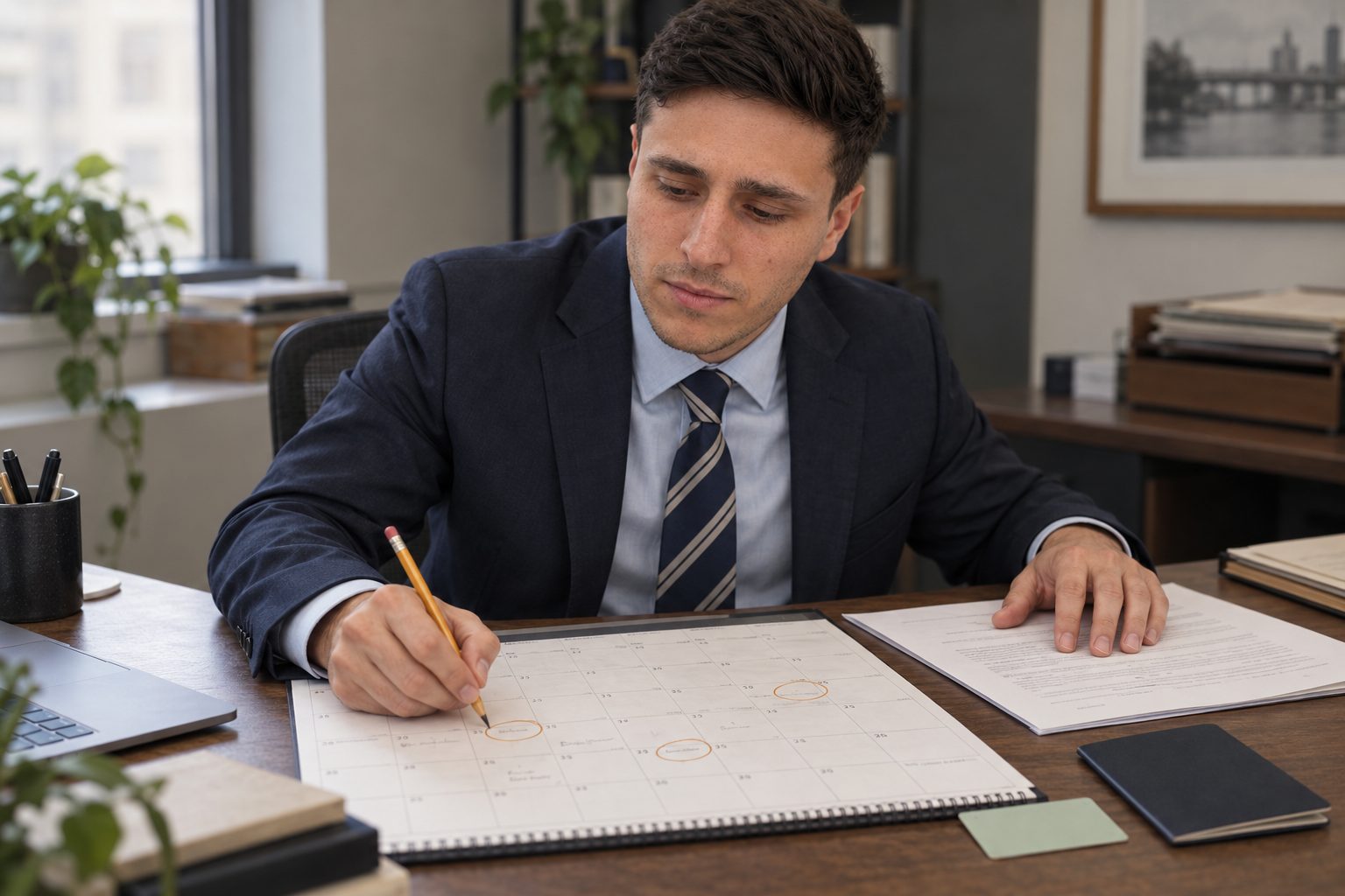 Mitchell Bromberg marking dates on a desk calendar