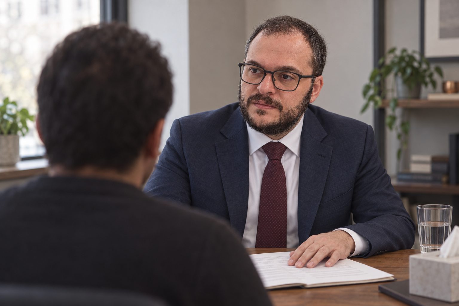 A client seen from behind, across a desk from Mikhail Usher explaining a document