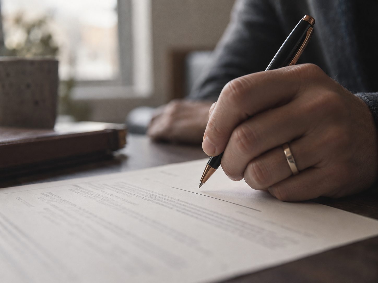 A hand holding a pen over a document on a desk