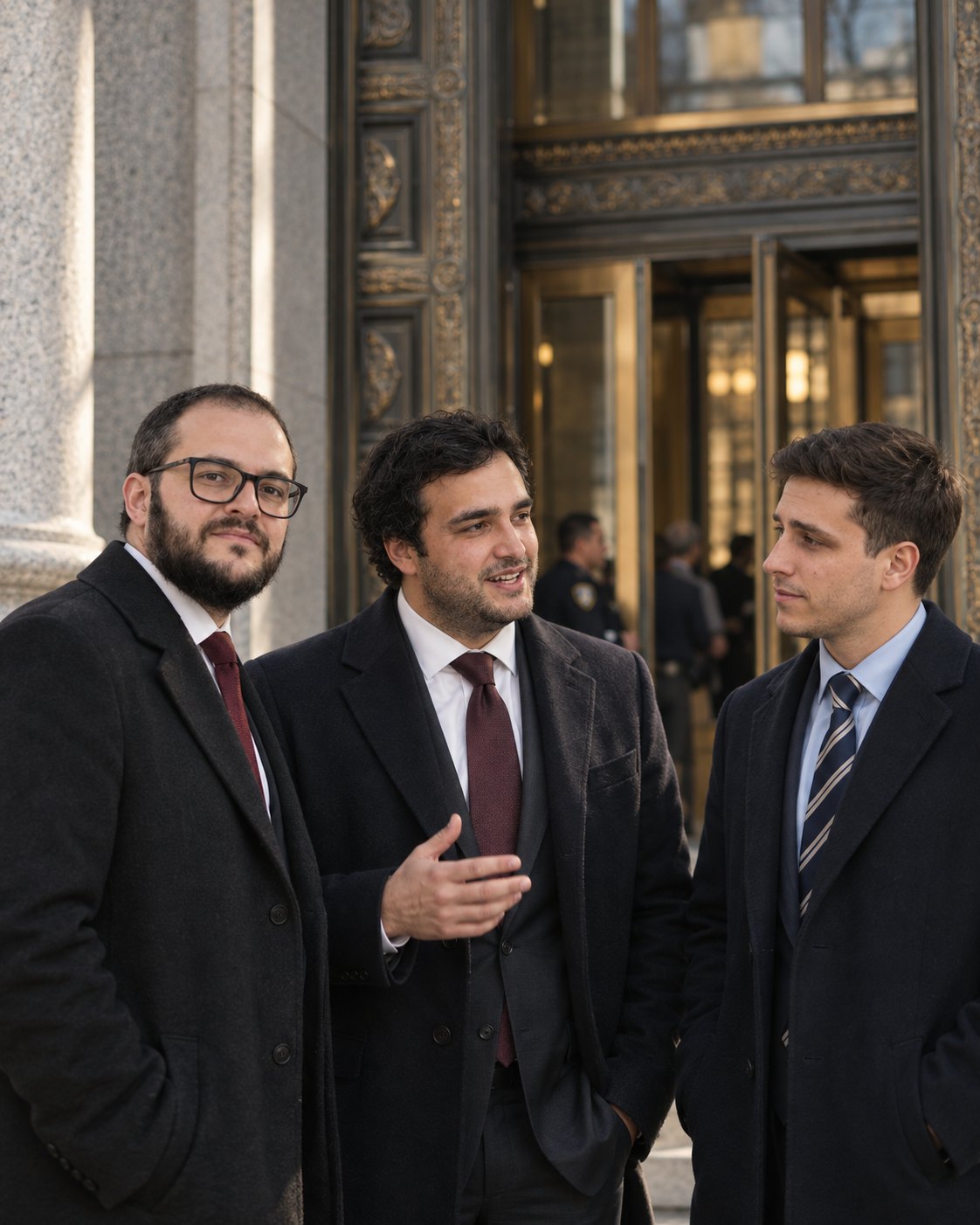 The three attorneys talking outside the bronze doors of a courthouse