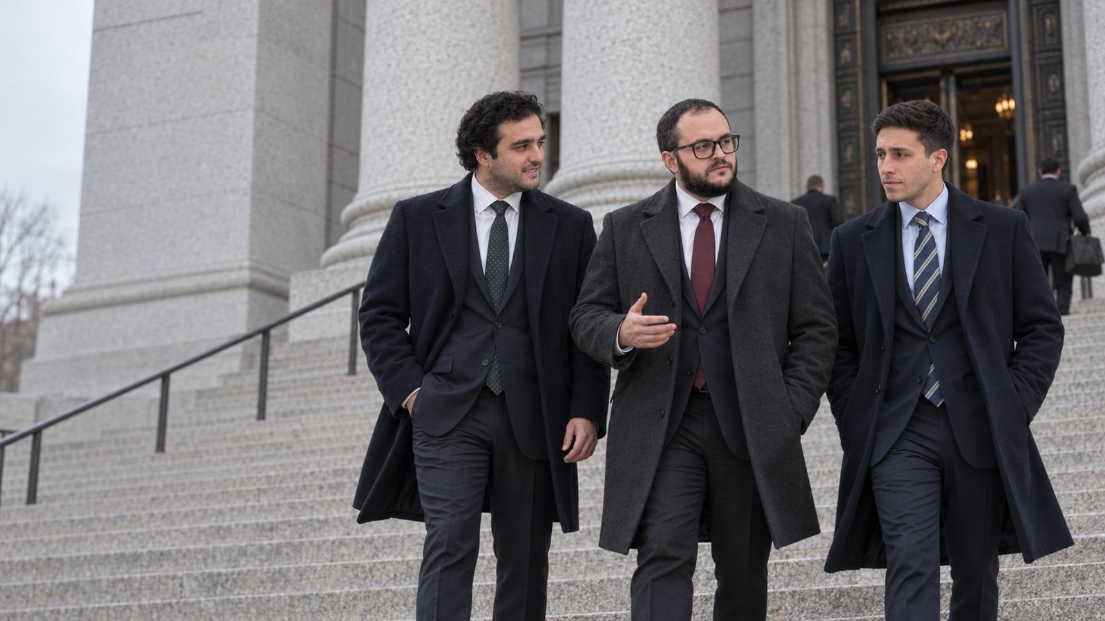 Alexander Susi, Mikhail Usher and Mitchell Bromberg walking down the steps of a courthouse, mid-conversation