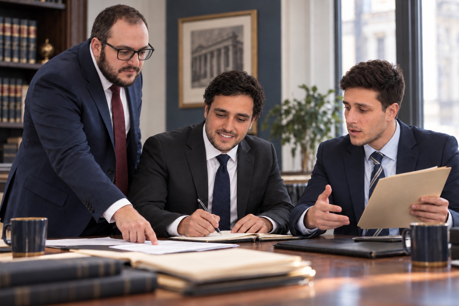 Mikhail Usher, Alexander Susi and Mitchell Bromberg working around a table covered in exhibits