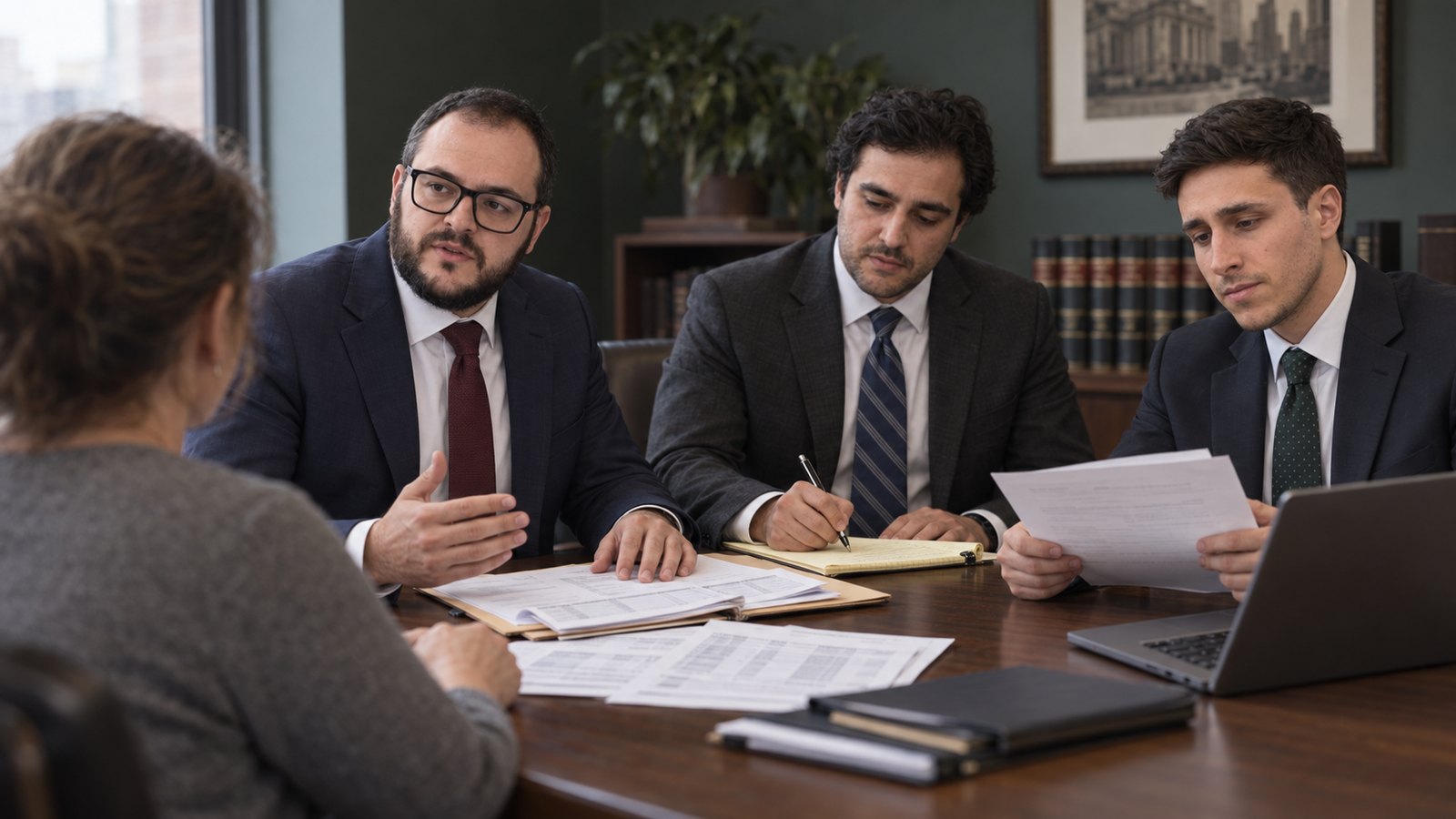 Mikhail Usher, Alexander Susi and Mitchell Bromberg listening to a client across a conference table