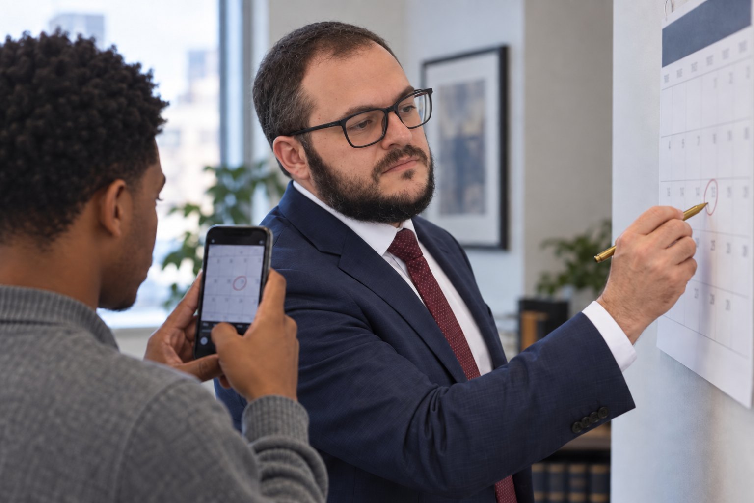 Mikhail Usher marking a date on a wall calendar while a client shows him something on a phone