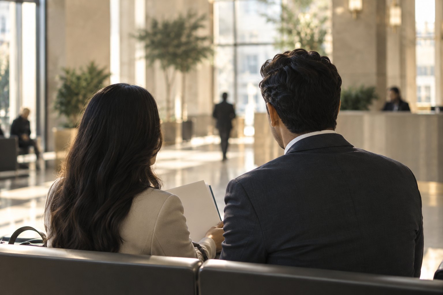 A couple waiting in a courthouse lobby, seen from behind