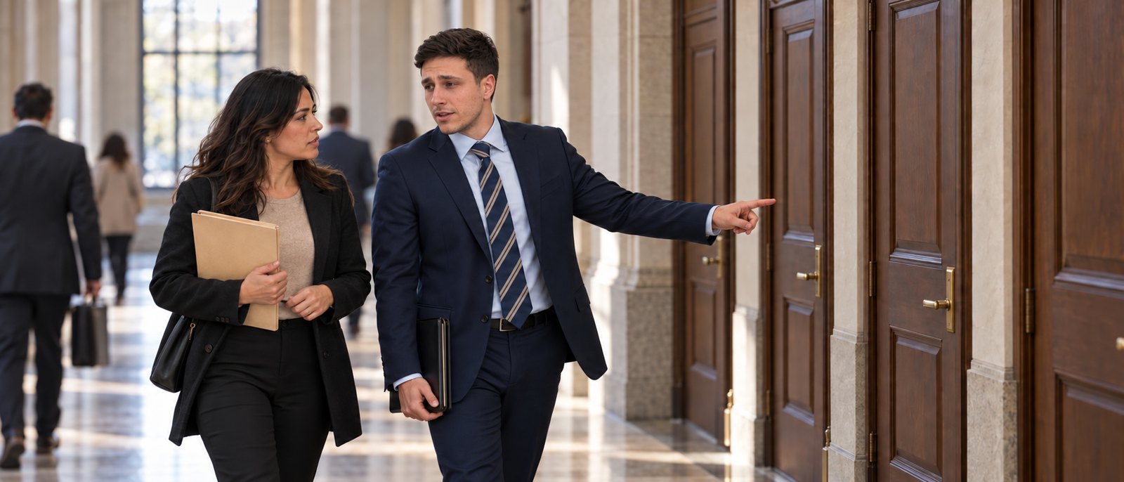Mitchell Bromberg leading a client down a corridor of closed doors