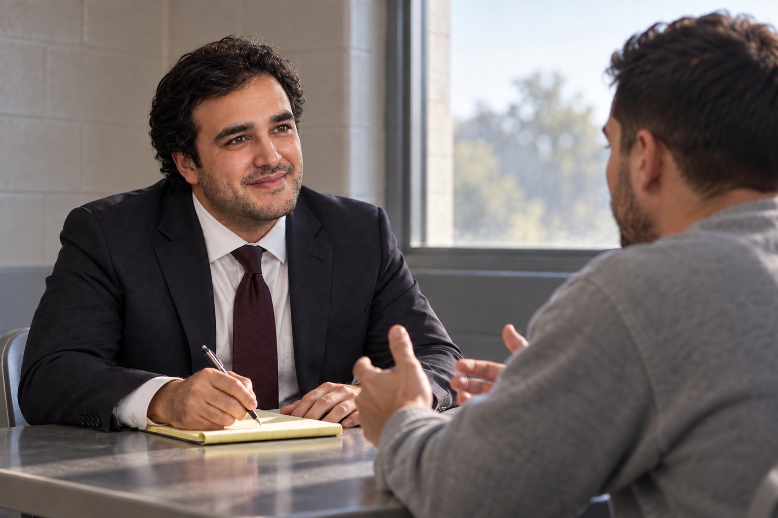 Alexander Susi listening to a client across a table by a bright window